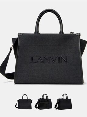 Lanvin black canvas large tote bag with leather handles and shoulder strap #luxu